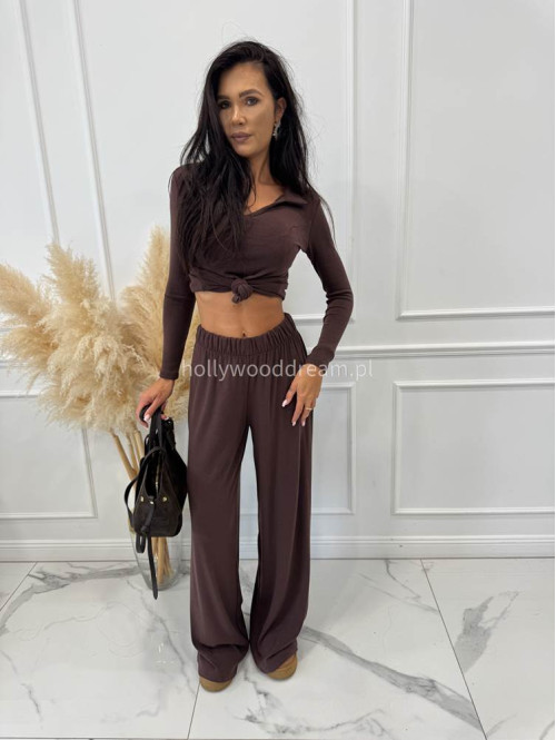 Czekoladowy komplet bluzka z kołnierzem+ spodnie szerokie z wełną POLA 183 - photo #11