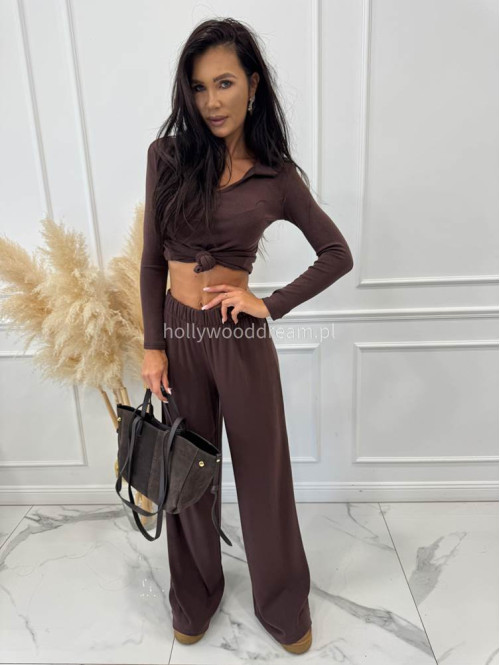 Czekoladowy komplet bluzka z kołnierzem+ spodnie szerokie z wełną POLA 183 - photo #12