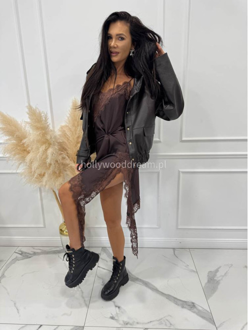 Czekoladowa sukienka satynowa zakończona koronką na cienkich ramiączkach ESMA 17 - photo #6