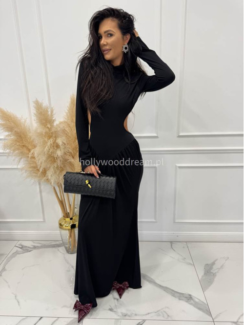 Czarna Sukienka maxi golf + wycięte plecy Elonora 19