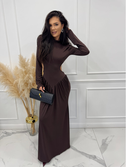 Brązowa Sukienka maxi golf + wycięte plecy Elonora 19