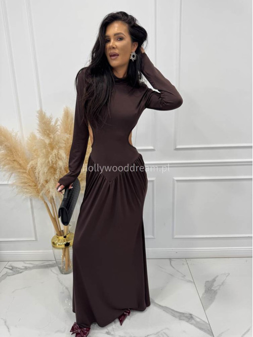 Brązowa Sukienka maxi golf + wycięte plecy Elonora 19 - photo #5