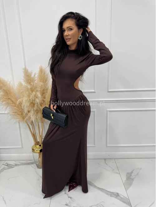 Brązowa Sukienka maxi golf + wycięte plecy Elonora 19 - photo #7