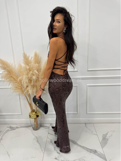 Brązowa Sukienka maxi z wiązaniem na plecach Nicea 19 - photo #1