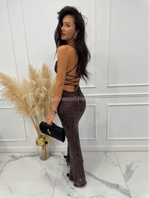 Brązowa Sukienka maxi z wiązaniem na plecach Nicea 19 - photo #2