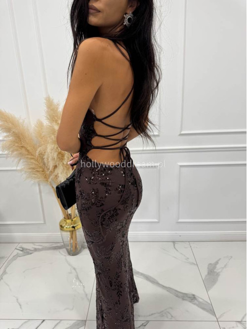 Brązowa Sukienka maxi z wiązaniem na plecach Nicea 19 - photo #6