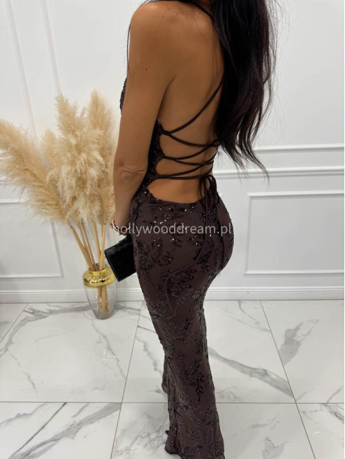 Brązowa Sukienka maxi z wiązaniem na plecach Nicea 19 - photo #9