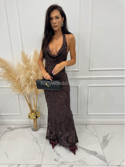 Brązowa sukienka maxi cekinowa z dekoltem woda Daniela 19 - photo #1