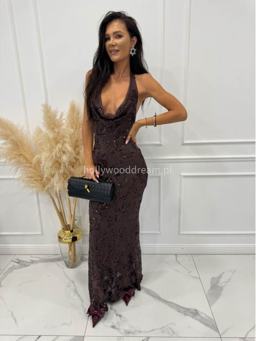 Brązowa sukienka maxi cekinowa z dekoltem woda Daniela 19 - photo #2