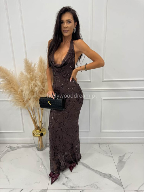 Brązowa sukienka maxi cekinowa z dekoltem woda Daniela 19 - photo #3