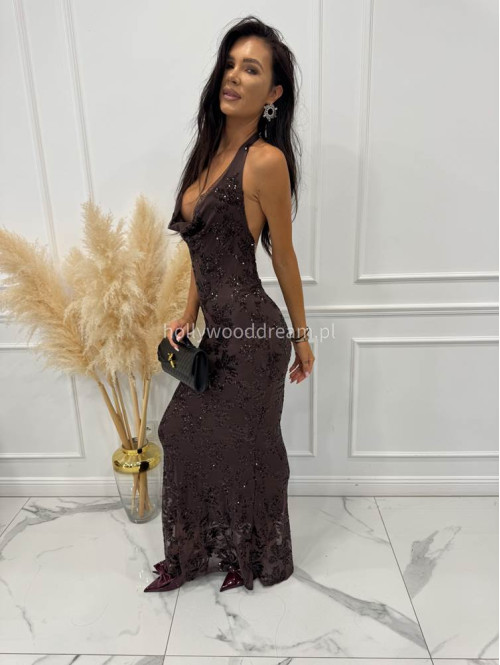 Brązowa sukienka maxi cekinowa z dekoltem woda Daniela 19 - photo #4