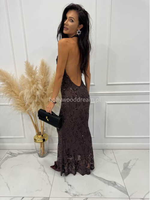 Brązowa sukienka maxi cekinowa z dekoltem woda Daniela 19 - photo #5