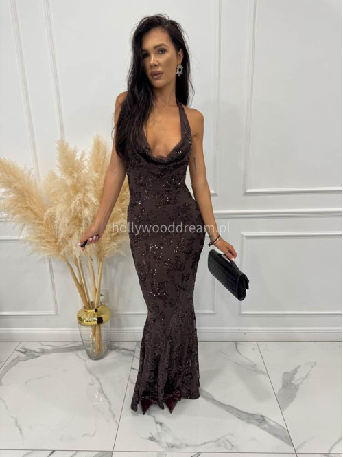 Brązowa sukienka maxi cekinowa z dekoltem woda Daniela 19