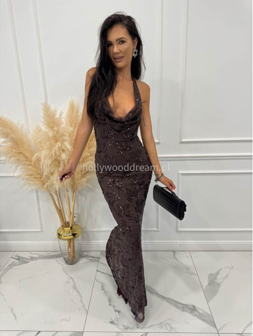 Brązowa sukienka maxi cekinowa z dekoltem woda Daniela 19 - photo #7