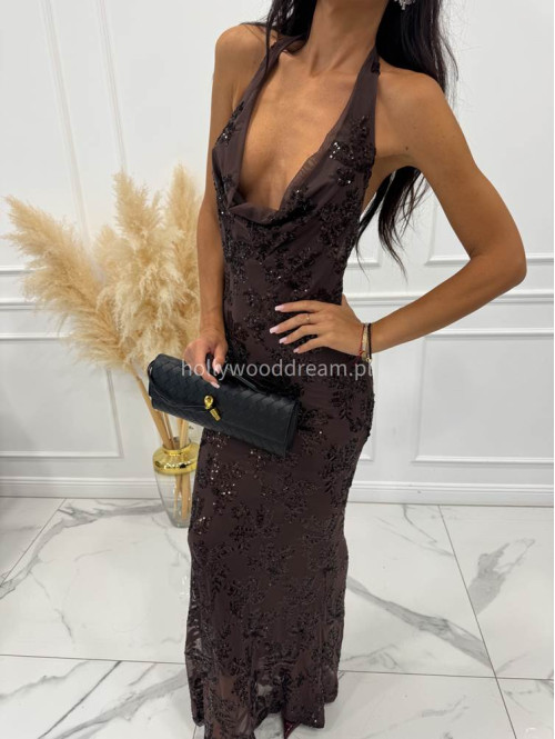 Brązowa sukienka maxi cekinowa z dekoltem woda Daniela 19 - photo #10
