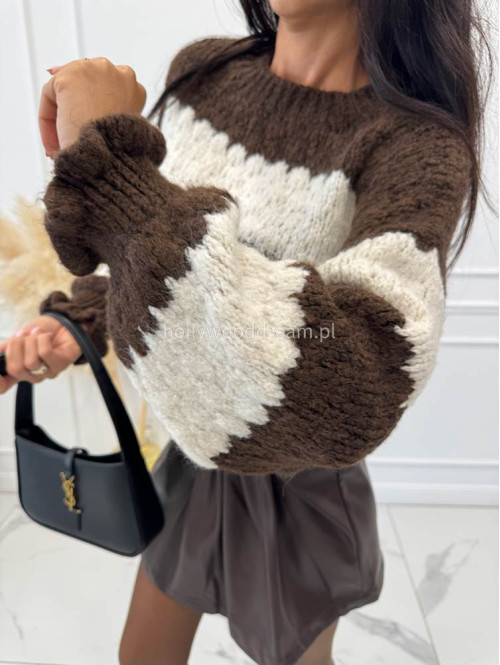 Czekoladowo kremowy sweter w paski z falbankami przy rękawach ZOJA 94 - photo #13