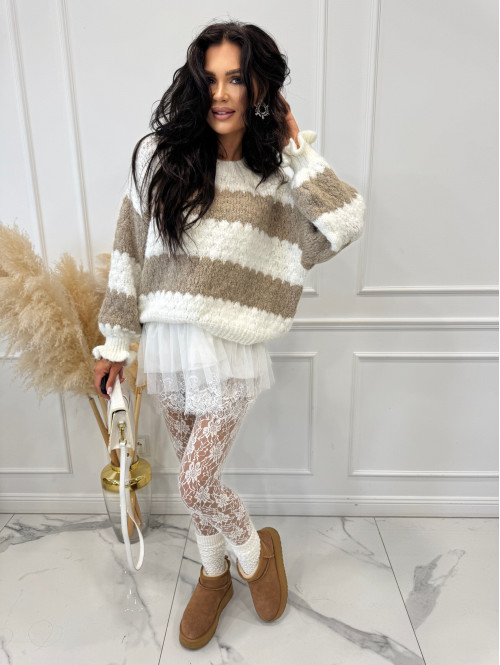 Beżowo biały sweter w paski z falbankami przy rękawach ZOJA 94 - photo #0