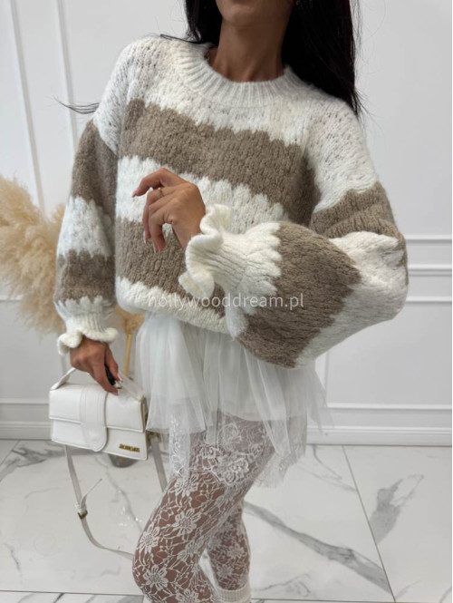 Beżowo biały sweter w paski z falbankami przy rękawach ZOJA 94 - photo #4