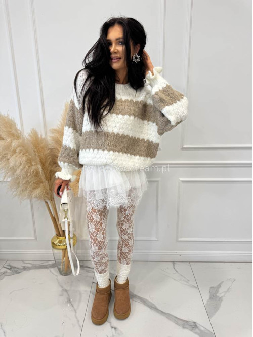 Beżowo biały sweter w paski z falbankami przy rękawach ZOJA 94 - photo #9