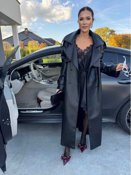 Czarny płaszcz długi skórzany z paskiem OLEK 25