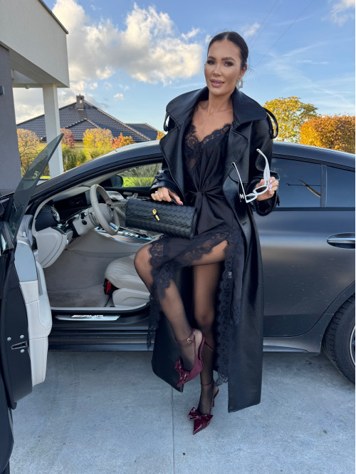 Czarny płaszcz długi skórzany z paskiem OLEK 25 - photo #15