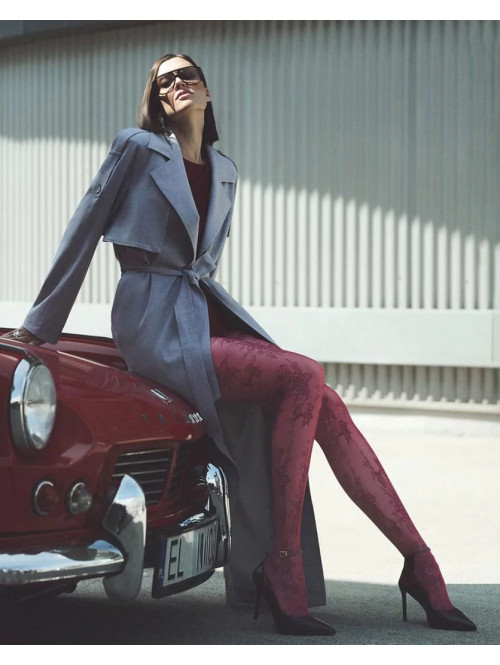 Bordowe rajstopy we wzór kwiatów CARMELA