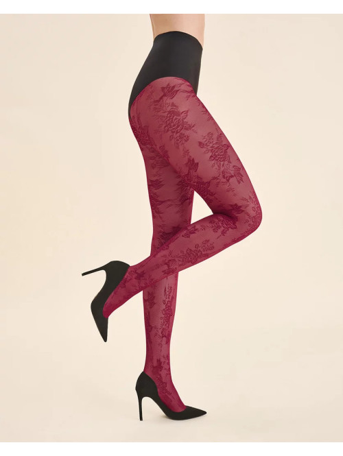 Bordowe rajstopy we wzór kwiatów CARMELA - photo #3