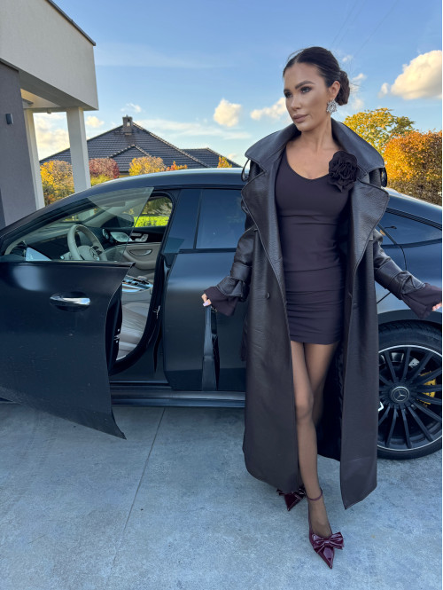 Czekoladowy płaszcz długi skórzany z paskiem OLEK 25 - photo #27