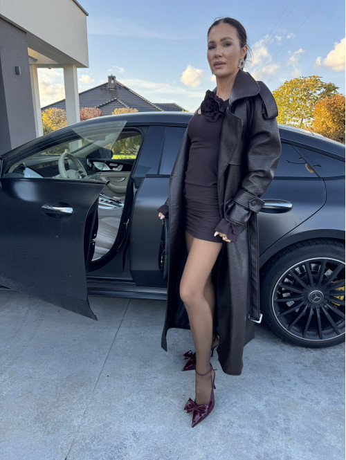 Czekoladowy płaszcz długi skórzany z paskiem OLEK 25 - photo #28