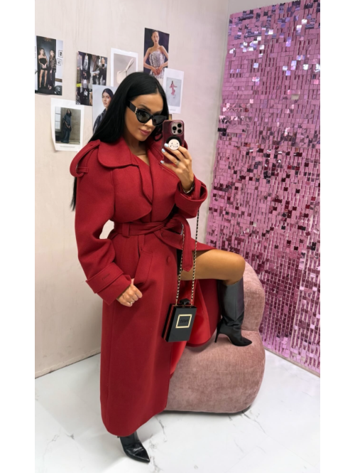 Czerwony długi wełniany płaszcz z paskiem LUCIEN 25