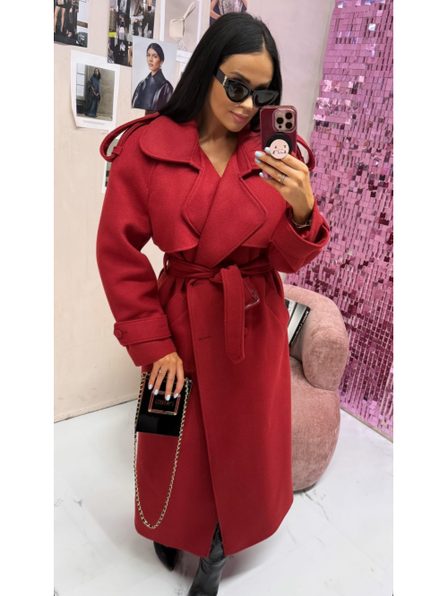 Czerwony długi wełniany płaszcz z paskiem LUCIEN 25 - photo #1