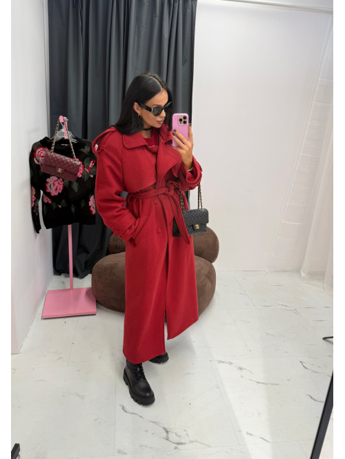 Czerwony długi wełniany płaszcz z paskiem LUCIEN 25 - photo #2