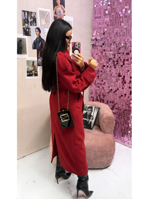 Czerwony długi wełniany płaszcz z paskiem LUCIEN 25 - photo #3