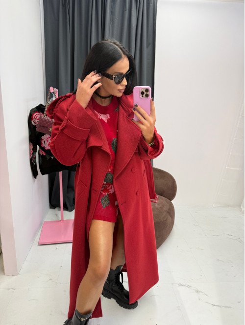 Czerwony długi wełniany płaszcz z paskiem LUCIEN 25 - photo #4