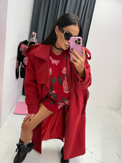 Czerwony długi wełniany płaszcz z paskiem LUCIEN 25 - photo #5