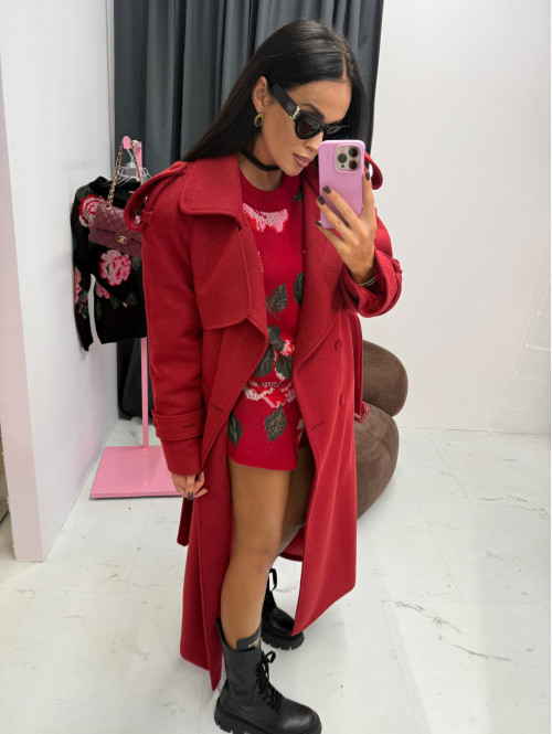 Czerwony długi wełniany płaszcz z paskiem LUCIEN 25 - photo #6