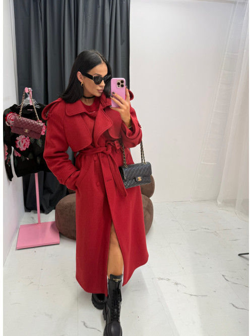 Czerwony długi wełniany płaszcz z paskiem LUCIEN 25 - photo #7