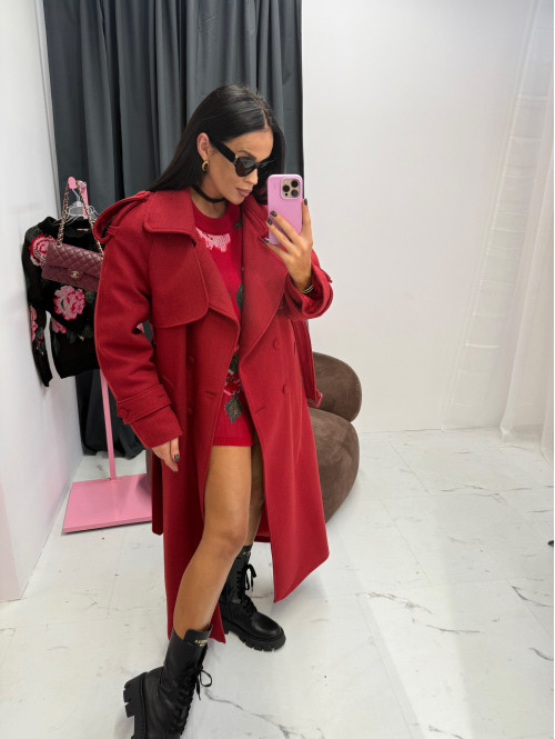 Czerwony długi wełniany płaszcz z paskiem LUCIEN 25 - photo #8