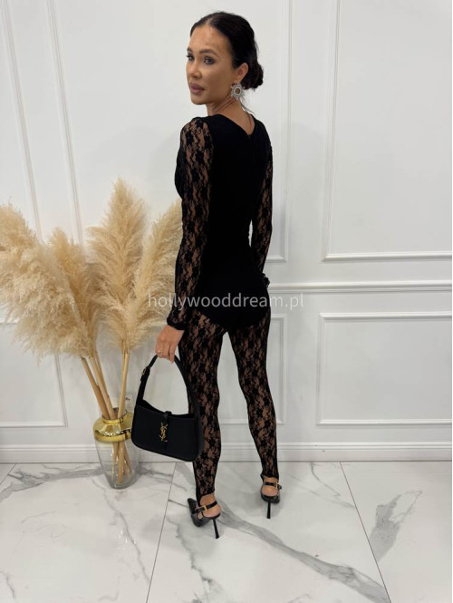 Czarny kombinezon koronkowy z zapiętką i różyczką na rękawie EMI 185 - photo #8