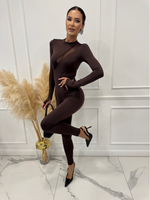 Czekoladowy kombinezon dopasowany z siateczką na górze VELO 185