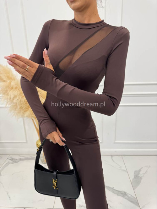 Czekoladowy kombinezon dopasowany z siateczką na górze VELO 185 - photo #1