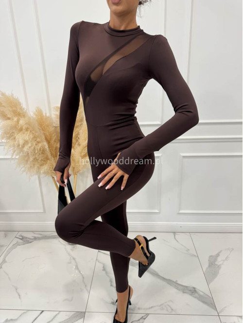 Czekoladowy kombinezon dopasowany z siateczką na górze VELO 185 - photo #2
