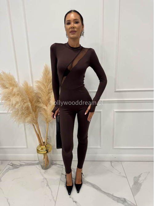 Czekoladowy kombinezon dopasowany z siateczką na górze VELO 185 - photo #4