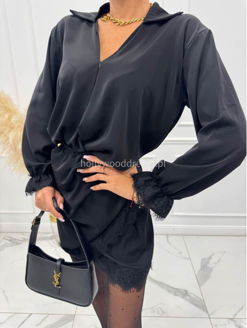 Czarny komplet a'la satyna koszula + spódniczka z koronkowymi wstawkami NELA 17 - photo #8