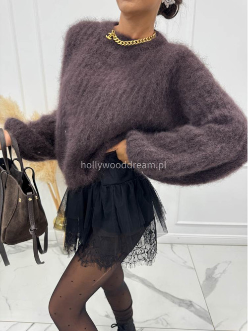 Ciemno czekoladowy Sweter moherowy z poszerzanymi rękawami WALENCJA 52 - photo #32