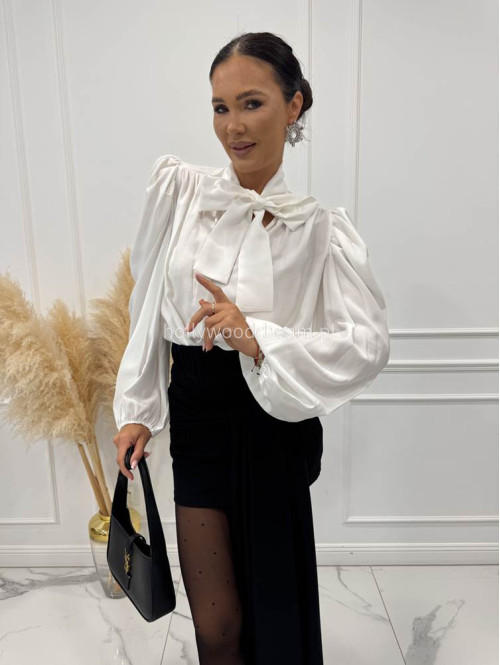 Biała elegancka koszula z bufiastymi rękawami i wiązaniem przy szyi ADELA 161 - photo #3