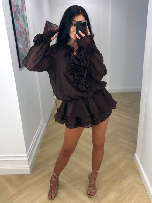 Sukienka z wiązaniem, różami i falbanami + spodenki czekoladowa ROSALINE 09 - photo #29