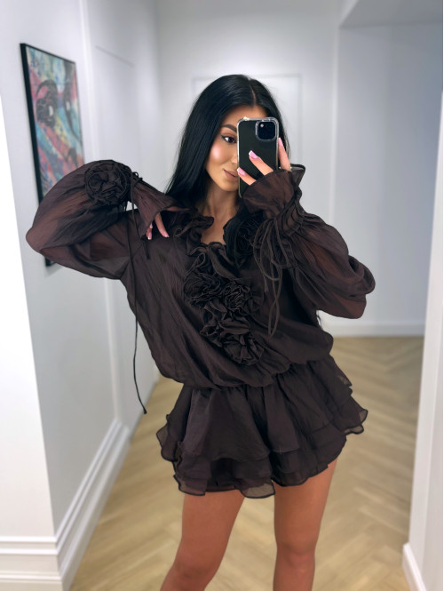 Sukienka z wiązaniem, różami i falbanami + spodenki czekoladowa ROSALINE 09 - photo #30