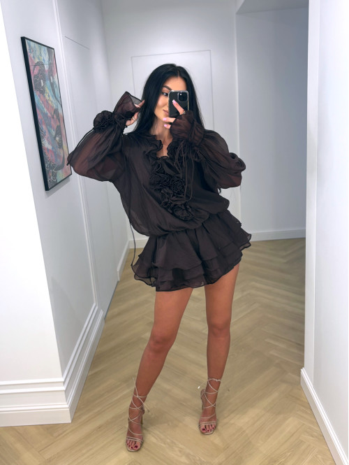 Sukienka z wiązaniem, różami i falbanami + spodenki czekoladowa ROSALINE 09 - photo #31