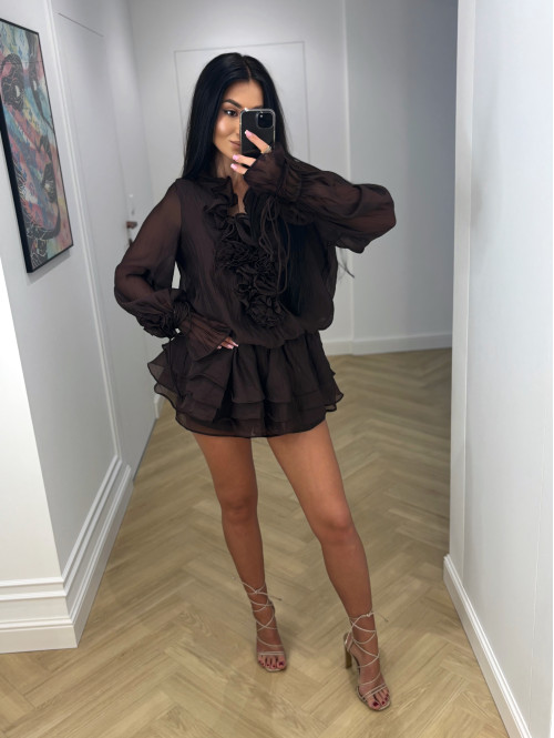 Sukienka z wiązaniem, różami i falbanami + spodenki czekoladowa ROSALINE 09 - photo #34